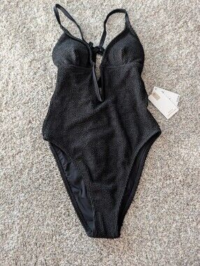 Good American Black Textured One-Piece Swimsuit with Cross Straps S/M